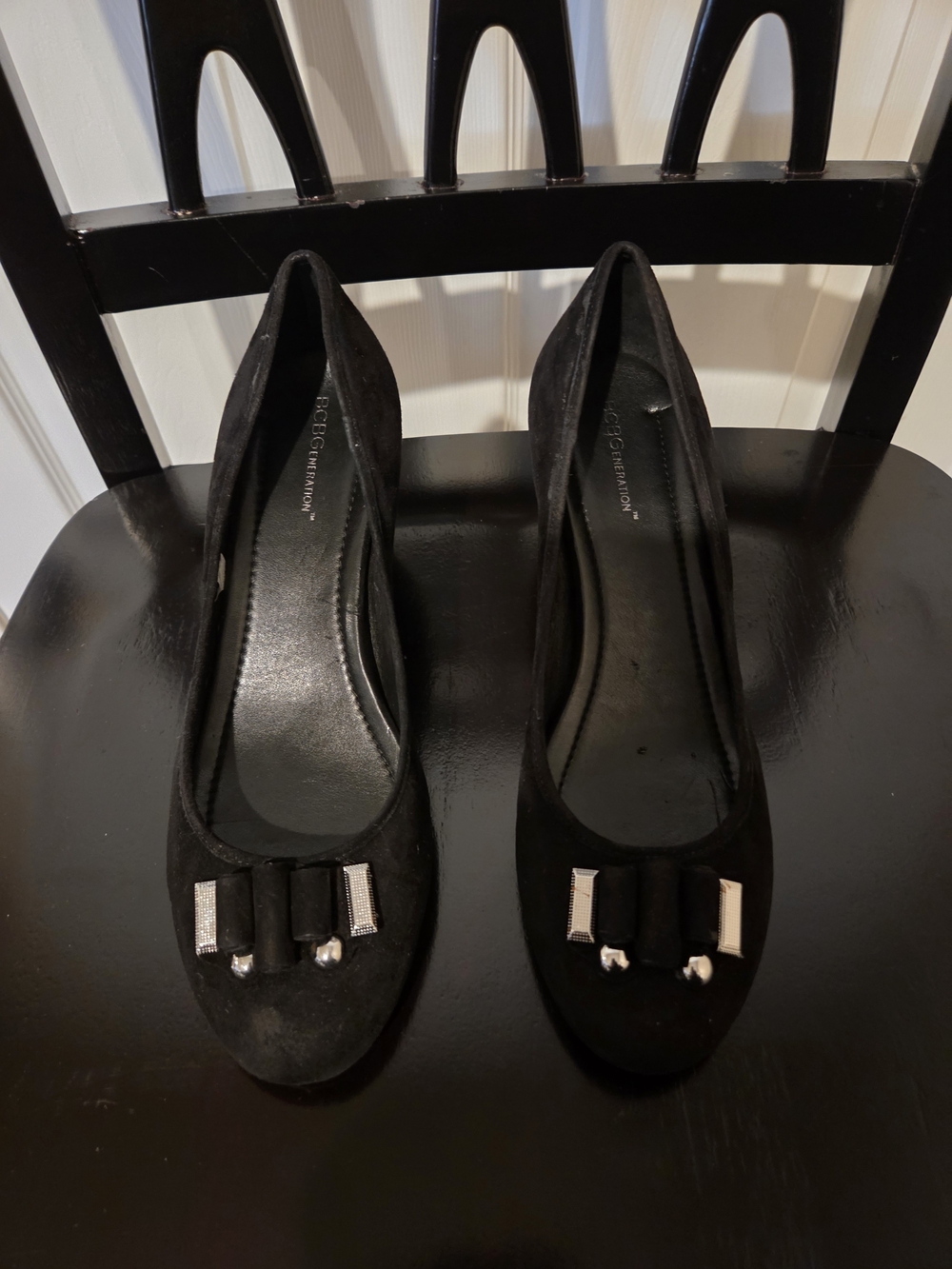 BCBGeneration Black Embellished Wedge Pumps